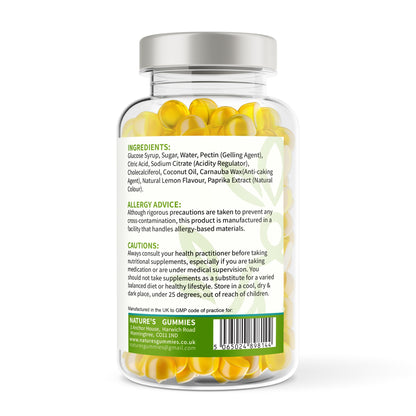 Jar of yellow gummies with a label on a white background