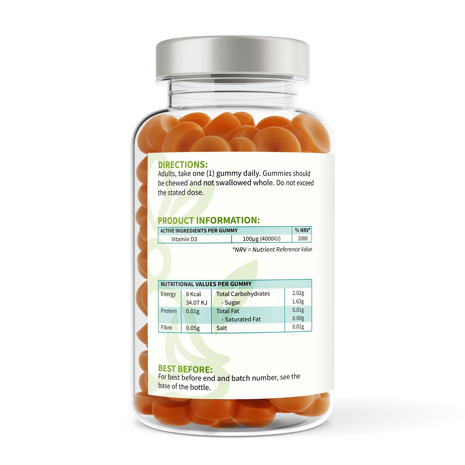 Bottle of gummy vitamins with label on a white background