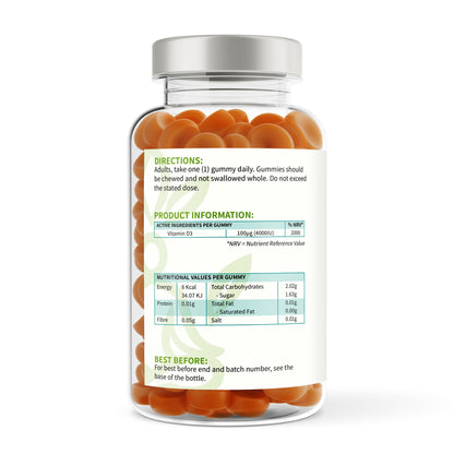 Bottle of gummy vitamins with label on a white background