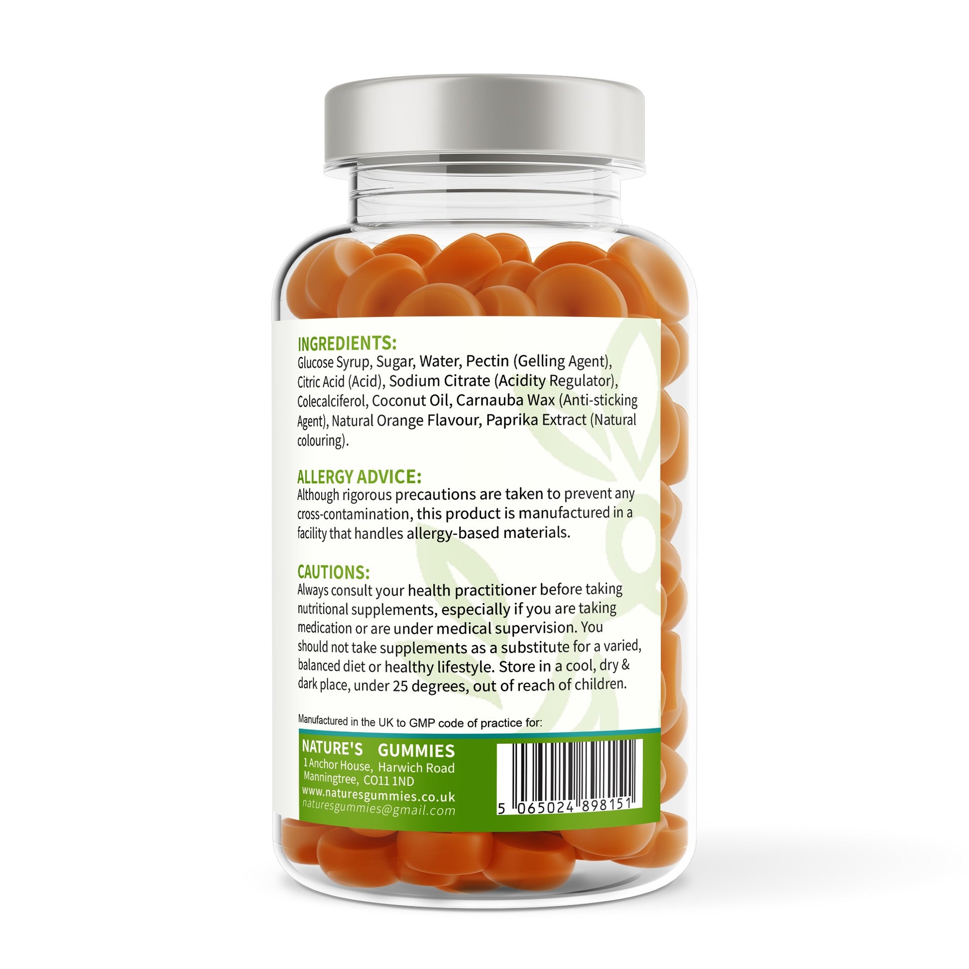 Bottle of gummy vitamins with a label on a white background