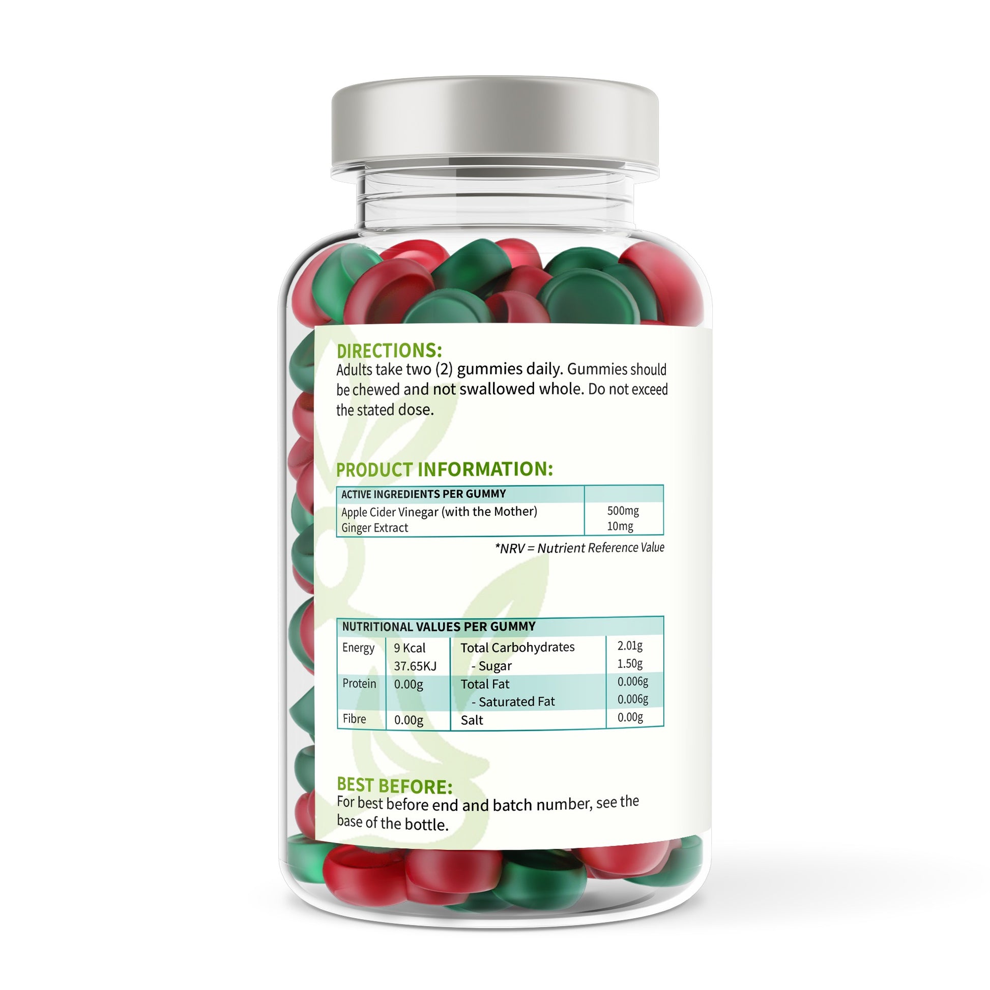 Jar of gummy vitamins with label on a white background