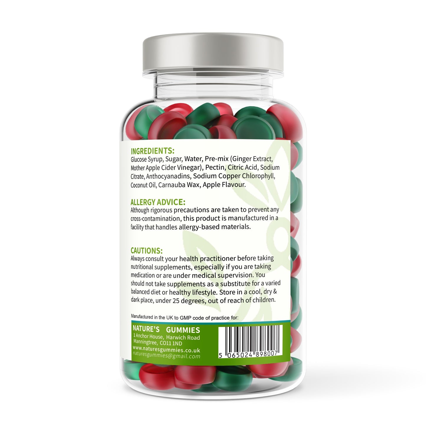 Jar of multicolored gummies with label on a white background