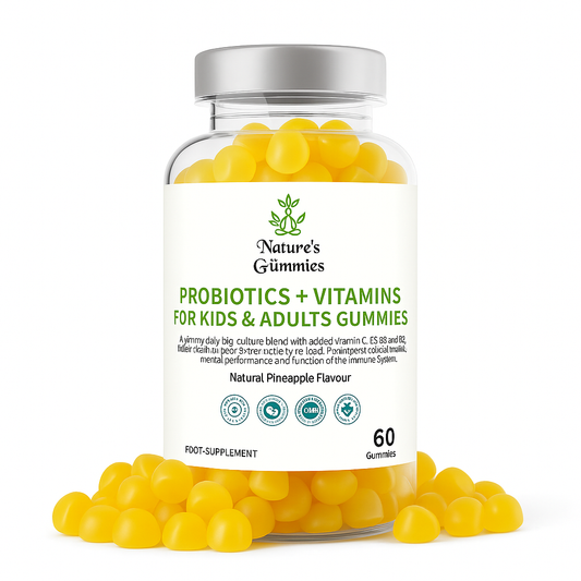 Jar of Nature's Gummies Probiotics + Vitamins for Kids & Adults Gummies with yellow gummies on a white background