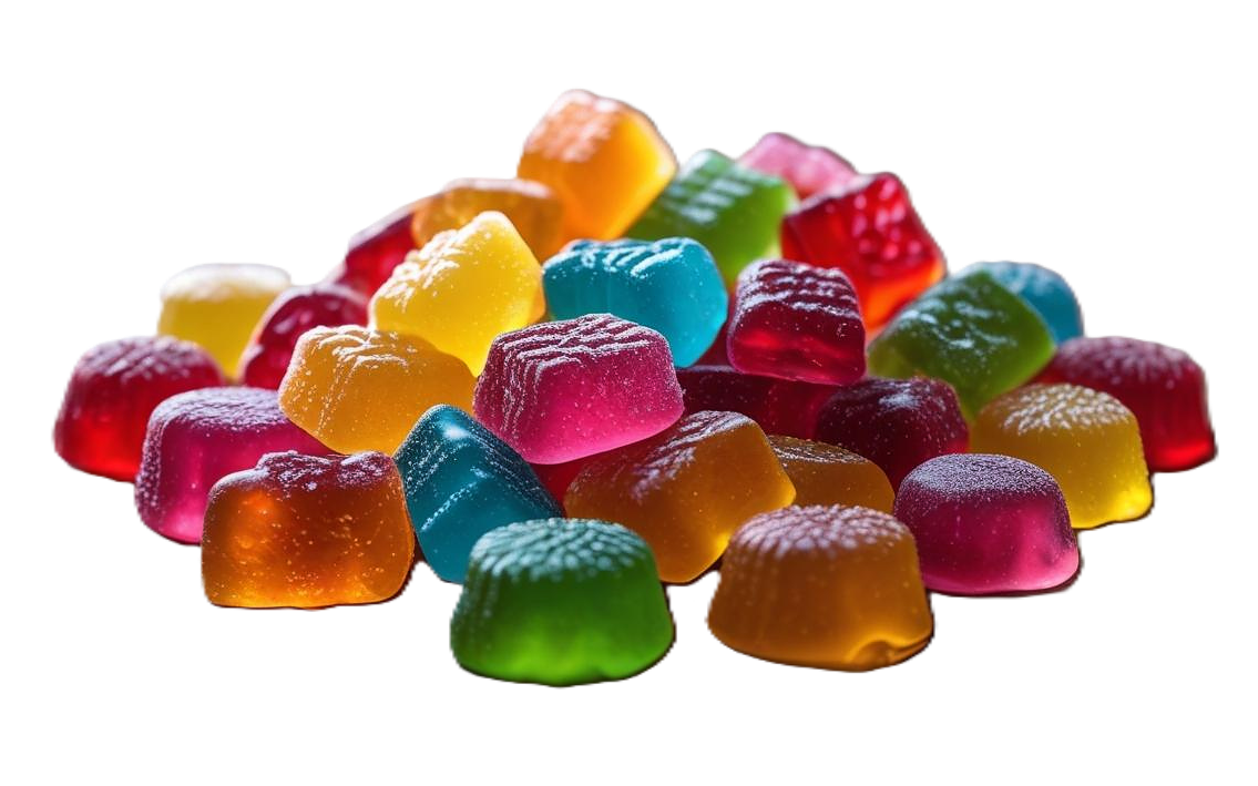 Assorted colorful gummy candies on a white background