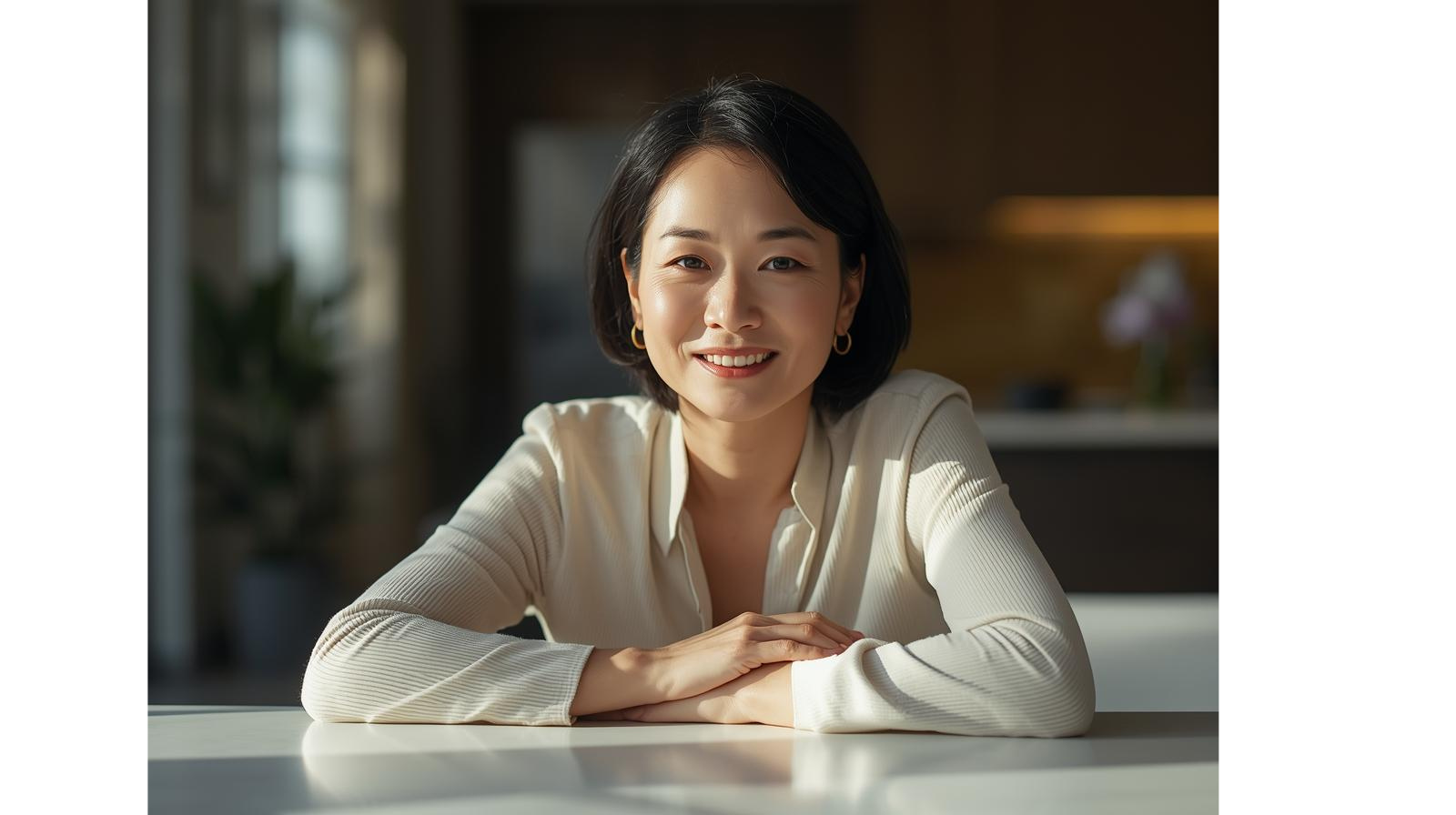 Woman in a white sweater sitting at a table with a blurred indoor background