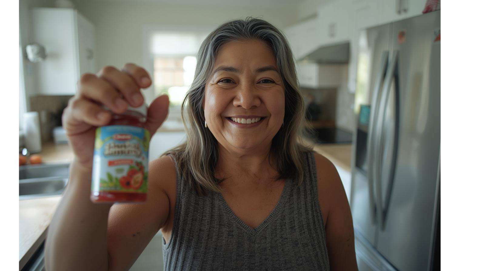 Woman holding a jar of gummies  in a kitchen