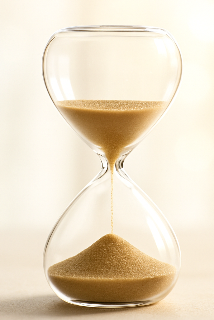 Hourglass with sand running through on a beige background